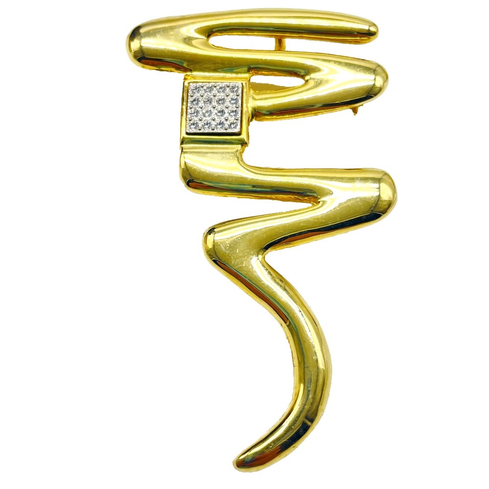 Park Lane Signed Brooch Gold Tone Abstract Squiggle Rhinestone Modernist Pin